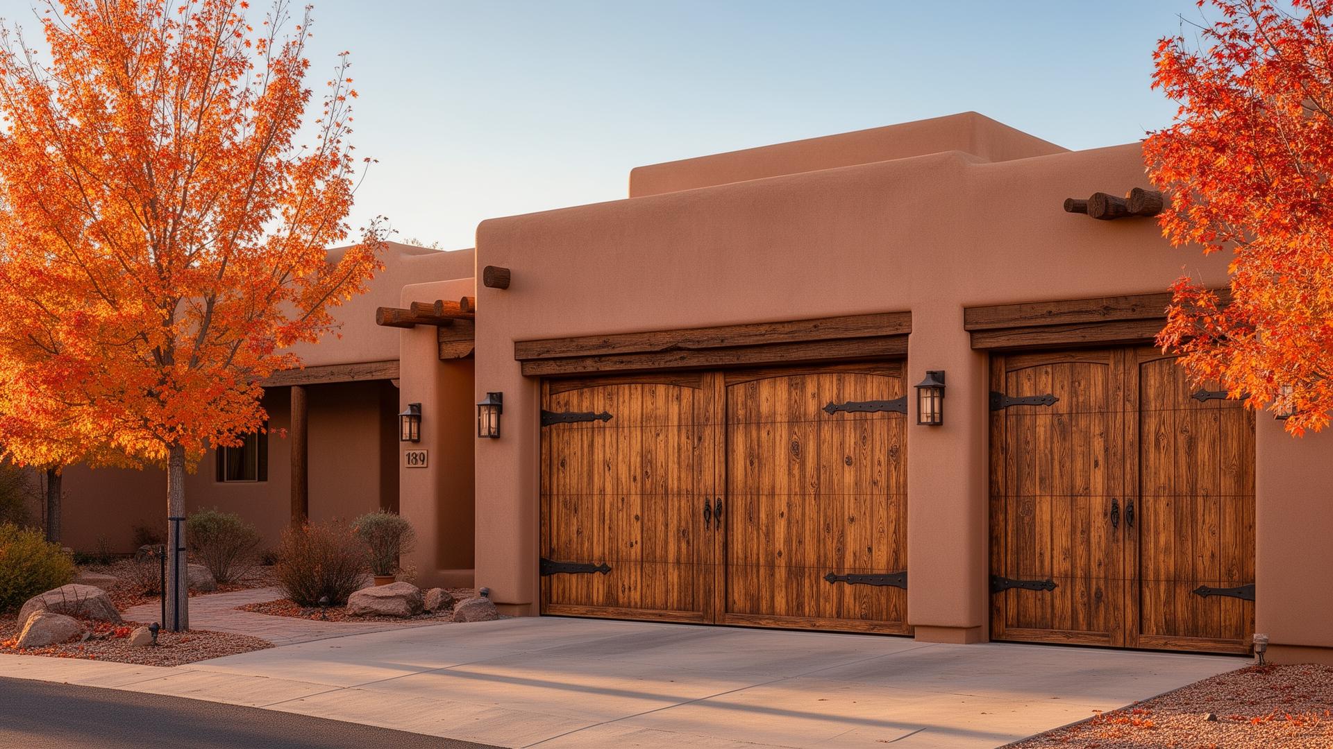 Beautiful rustic wood grain garage doors with iron strap hinges installed on desert Southwest adobe style home by Wilbur Garage Doors
